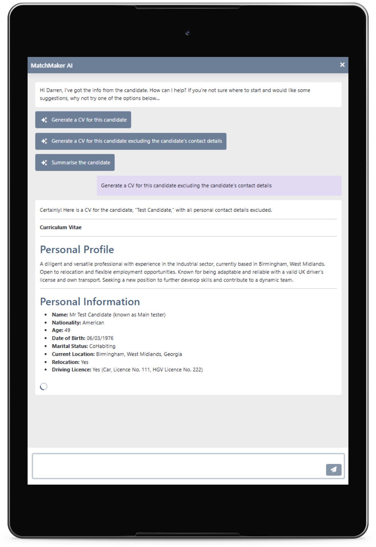 An image showing MatchMaker AI generating an excellent candidate CV